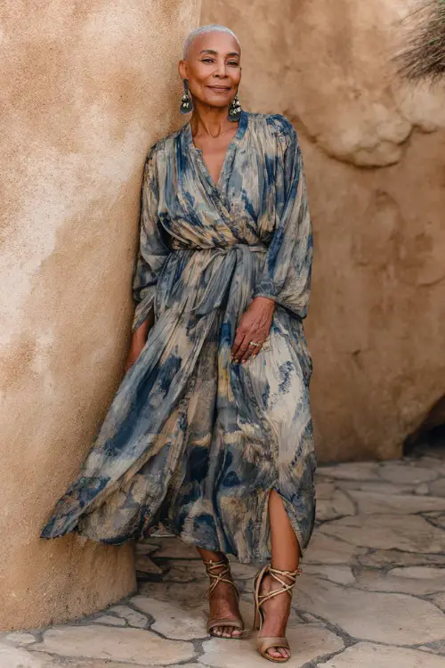 A woman over 50 wears a flowy boho dress with a cinched waist and elegant movement 