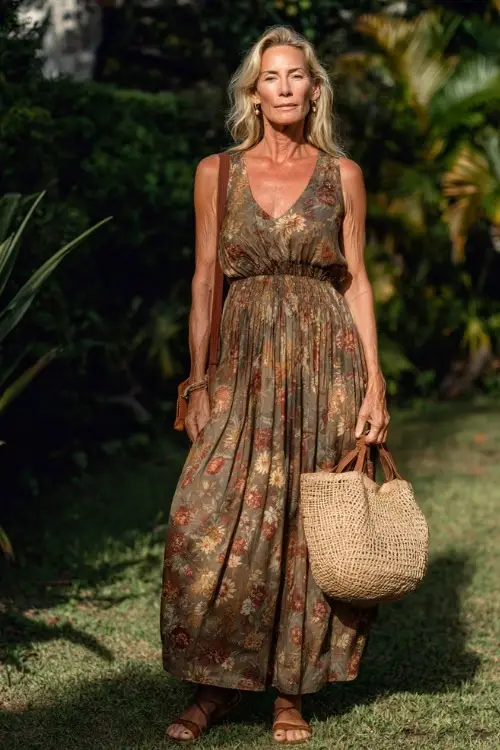A woman over 50 wears a flowy boho maxi dress with soft floral prints and a defined waist