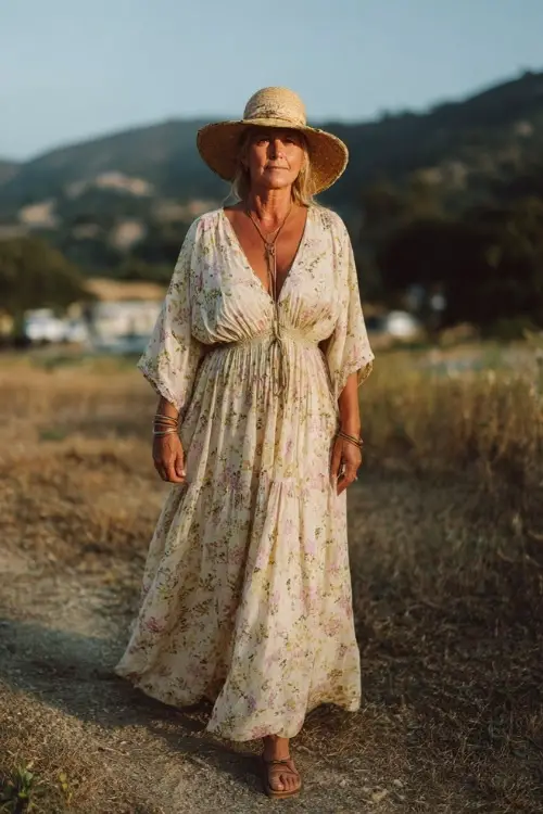 A woman over 50 wears a flowy boho maxi dress with subtle floral patterns and soft movement