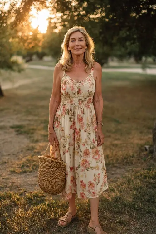 A woman over 50 wears a flowy floral midi dress with a flattering silhouette