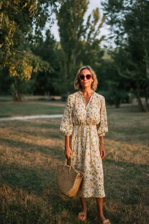 A woman over 50 wears a flowy floral midi dress with a flattering silhouette