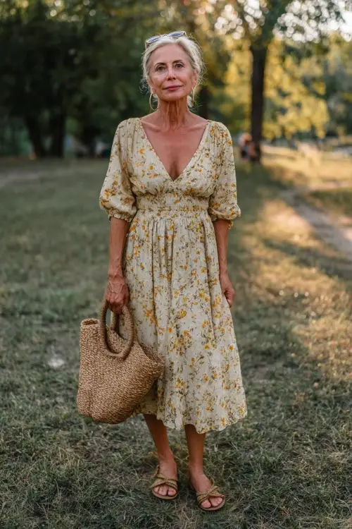 A woman over 50 wears a flowy floral midi dress with a flattering silhouette