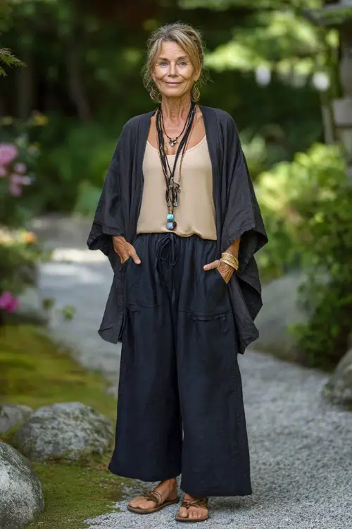 A woman over 50 wears a lightweight kimono layered over a simple tank top and wide-leg pants