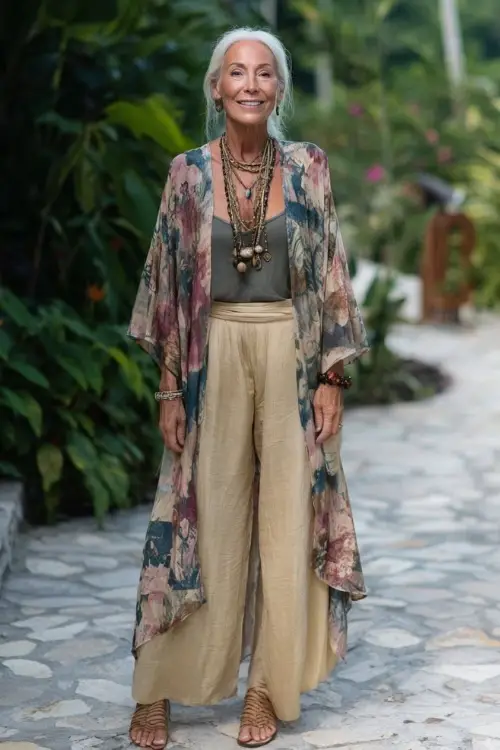 A woman over 50 wears a lightweight kimono layered over a tank top and wide-leg pants