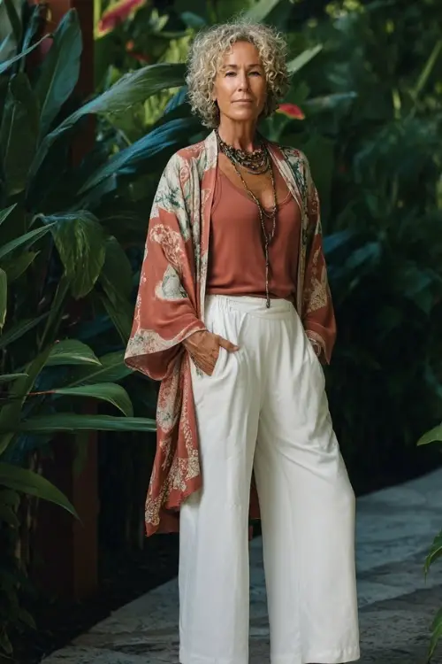 A woman over 60 wears a lightweight kimono layered over a tank top and wide-leg pants