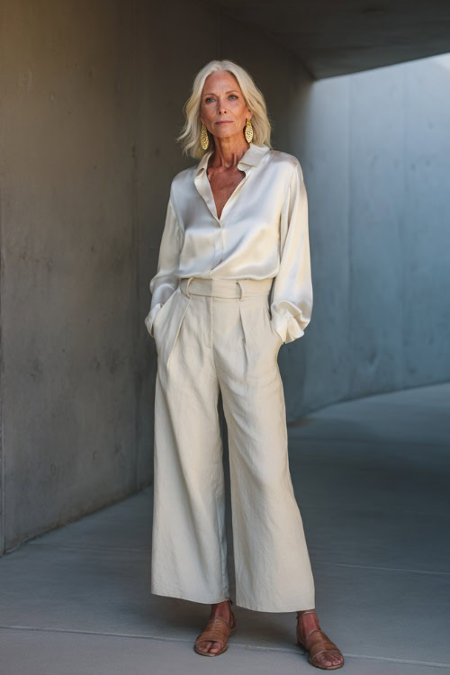 A woman over 50 wears a lightweight silk blouse tucked into wide-leg linen pants 