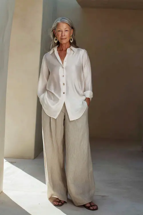 A woman over 50 wears a lightweight silk blouse tucked into wide-leg linen pants