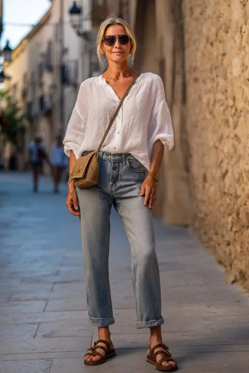 A woman over 60 wears a loose linen blouse tucked into straight-leg jeans 