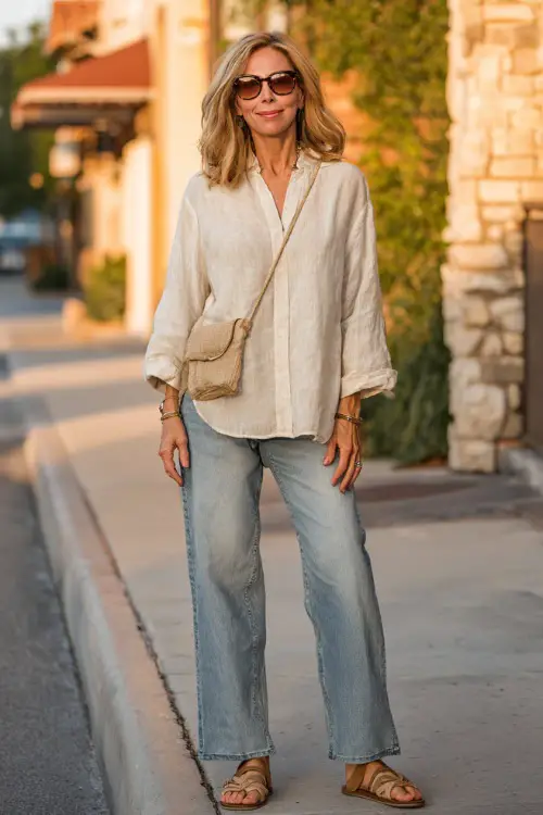 A woman over 50 wears a loose linen blouse tucked into straight-leg jeans, styled with comfortable sandals and a crossbody bag