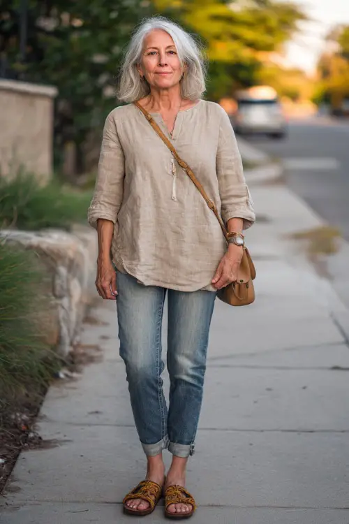 A woman over 50 wears a loose linen blouse tucked into straight-leg jeans