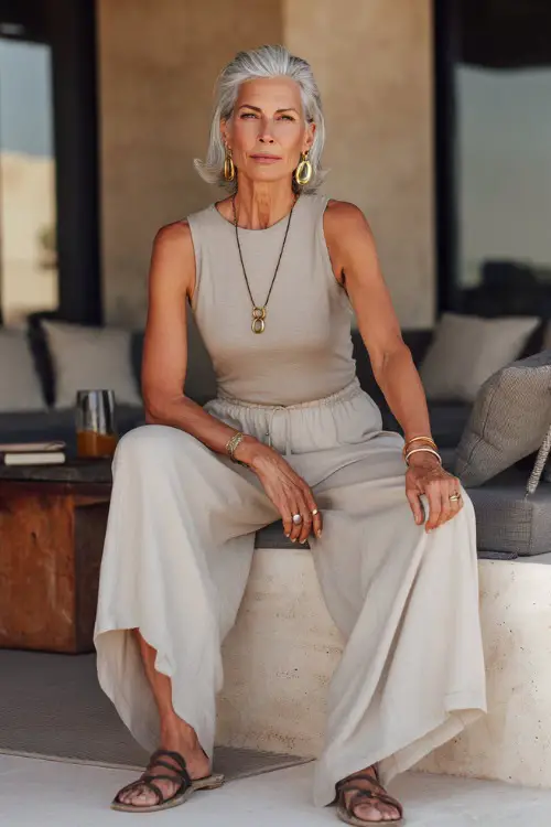 A woman over 50 wears a refined boho outfit with a fitted top and flowy wide-leg pants