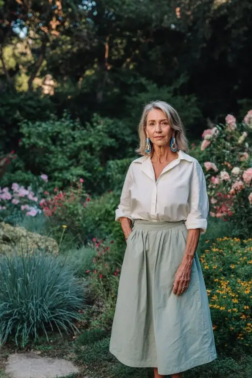 A woman over 50 wears a relaxed cotton blouse tucked into a flowy midi skirt