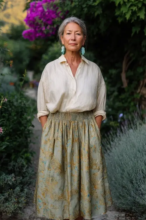 A woman over 50 wears a relaxed cotton blouse tucked into a flowy midi skirt, paired with flat sandals and statement earrings