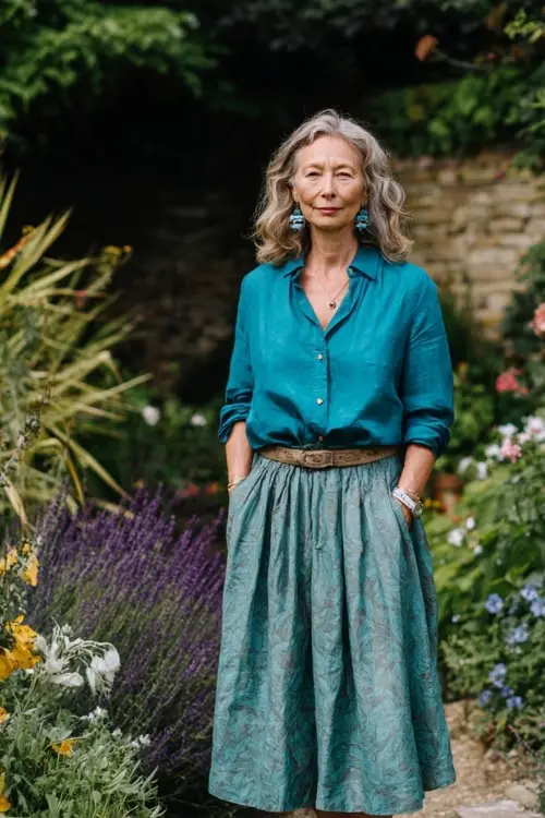 A woman over 50 wears a relaxed cotton blouse tucked into a flowy midi skirt