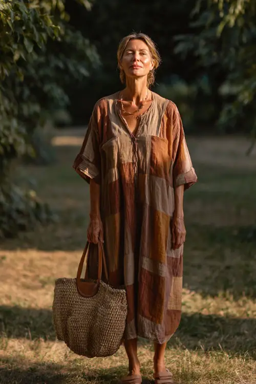 A woman over 50 wears a relaxed cotton boho midi dress with short sleeves and soft earthy tones