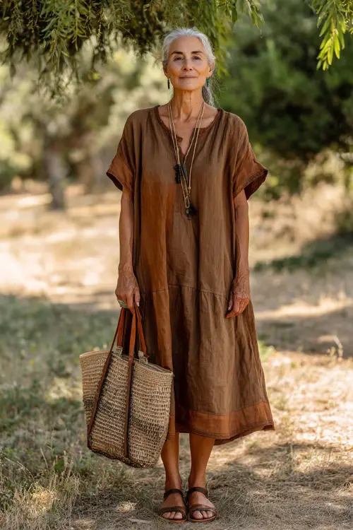 A woman over 50 wears a relaxed cotton boho midi dress with short sleeves and soft earthy tones