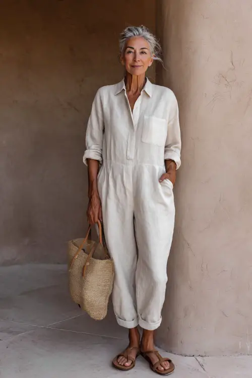 A woman over 50 wears a relaxed linen jumpsuit with a loose fit and rolled sleeves, paired with minimal sandals and a straw tote 
