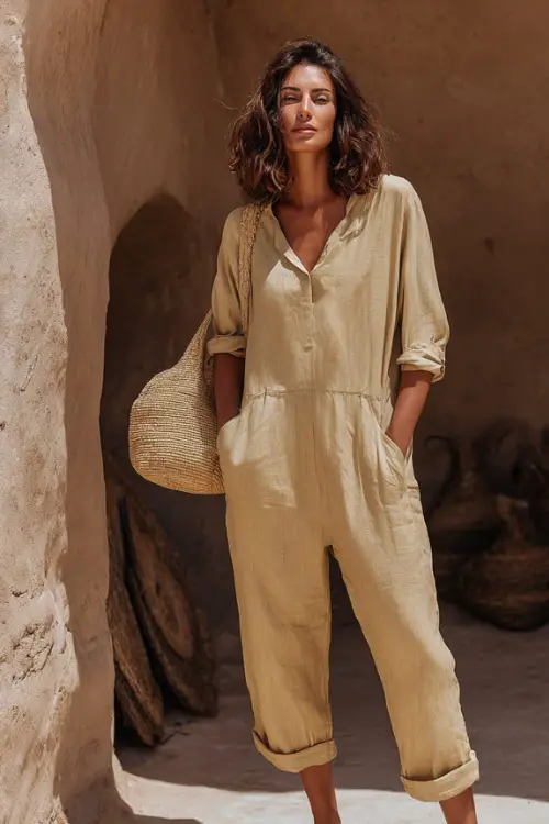 A woman over 50 wears a relaxed linen jumpsuit with a loose fit and rolled sleeves, paired with minimal sandals and a straw tote
