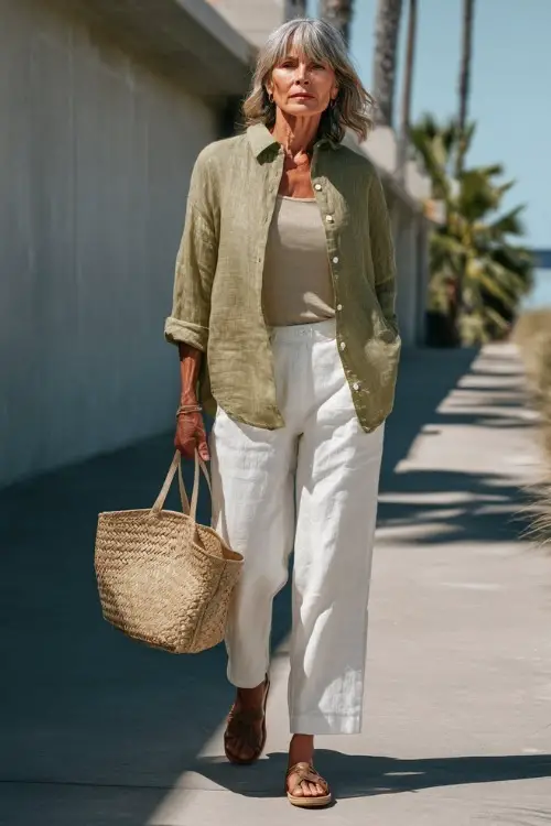 A woman over 50 wears a relaxed linen shirt worn open over a tank top with straight-leg pants