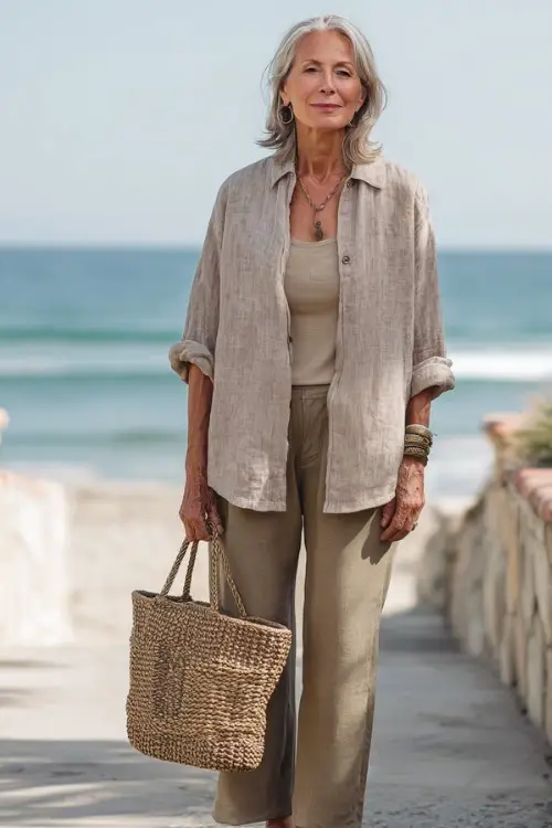A woman over 50 wears a relaxed linen shirt worn open over a tank top with straight-leg pants