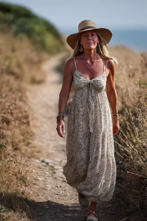 A woman over 50 wears a sleeveless boho maxi dress with a flowy silhouette and subtle prints 