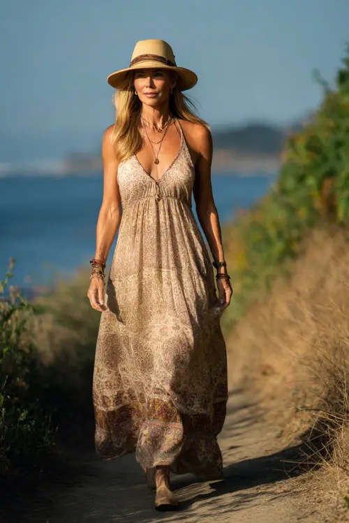 A woman over 50 wears a sleeveless boho maxi dress with a flowy silhouette and subtle prints