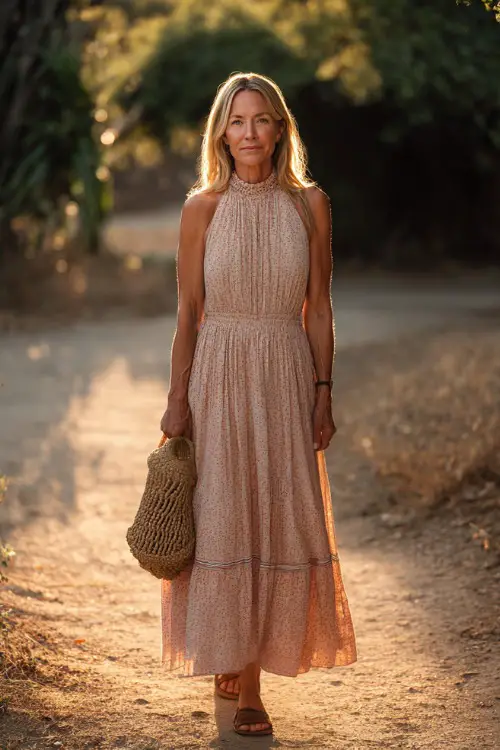 A woman over 50 wears a sleeveless boho midi dress with a defined silhouette and soft neutral palette