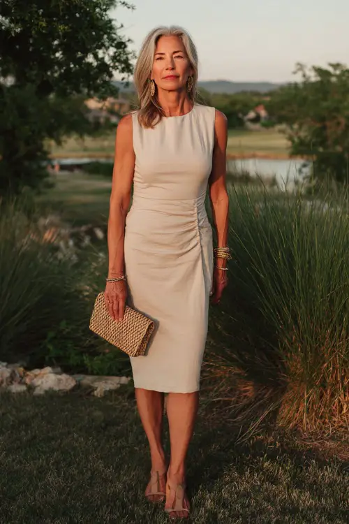 A woman over 50 wears a sleeveless boho midi dress with a defined silhouette and soft neutral palette
