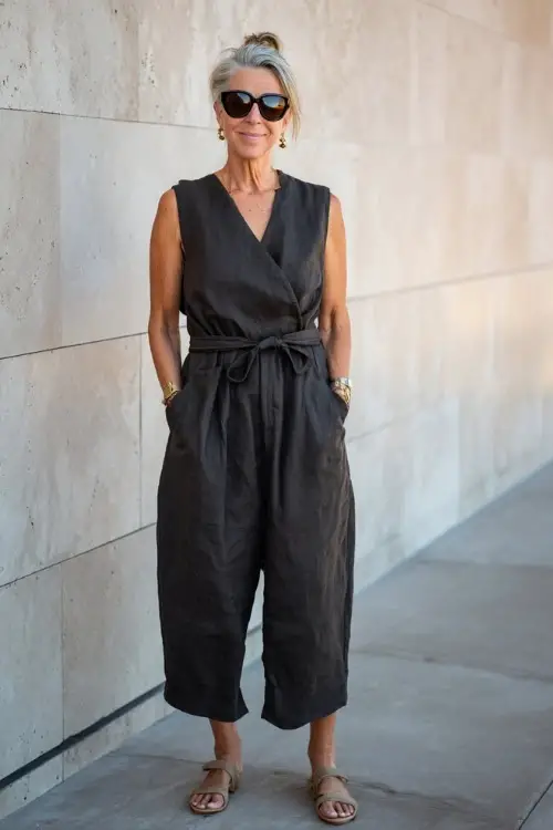 A woman over 50 wears a sleeveless linen jumpsuit with a cinched waist