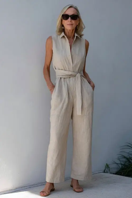 A woman over 50 wears a sleeveless linen jumpsuit with a cinched waist