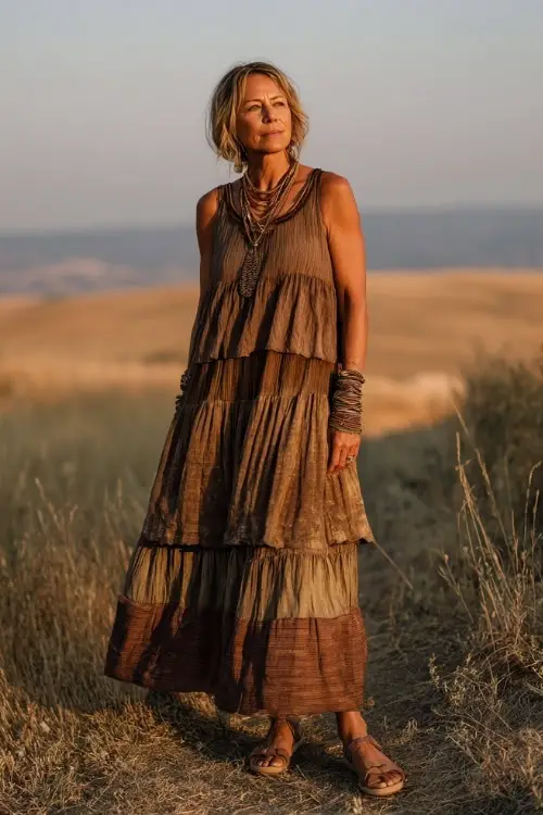 A woman over 50 wears a sleeveless tiered maxi dress with earthy tones