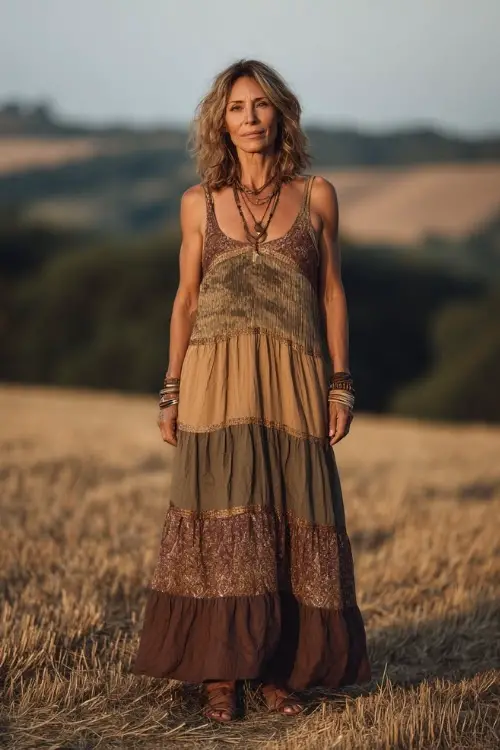 A woman over 60 wears a sleeveless tiered maxi dress with earthy tones, paired with comfortable sandals and layered bracelets
