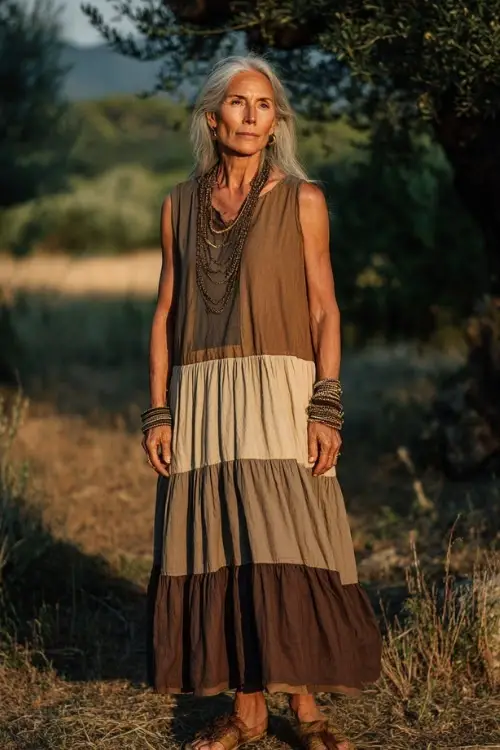 A woman over 60 wears a sleeveless tiered maxi dress with earthy tones