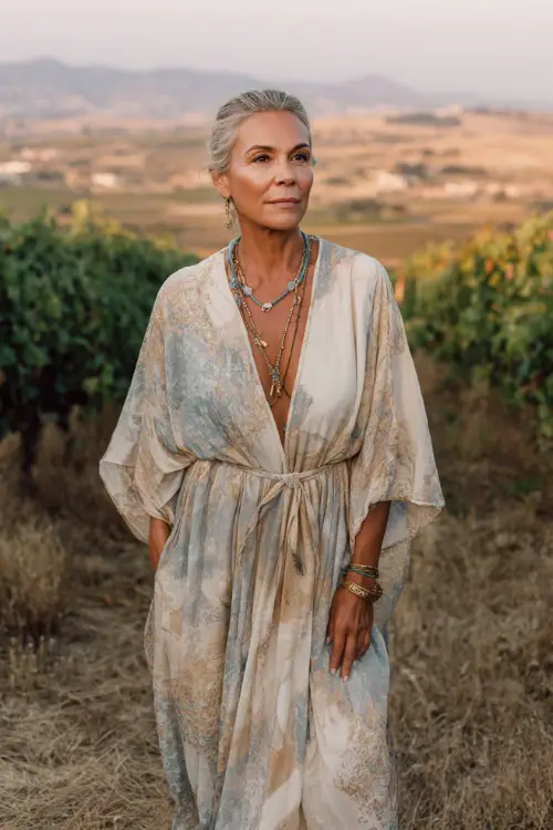 A woman over 50 wears a soft boho maxi dress with flowing fabric and subtle patterns