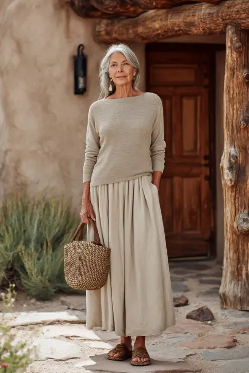 A woman over 50 wears a soft knit top paired with a flowy maxi skirt in neutral tones