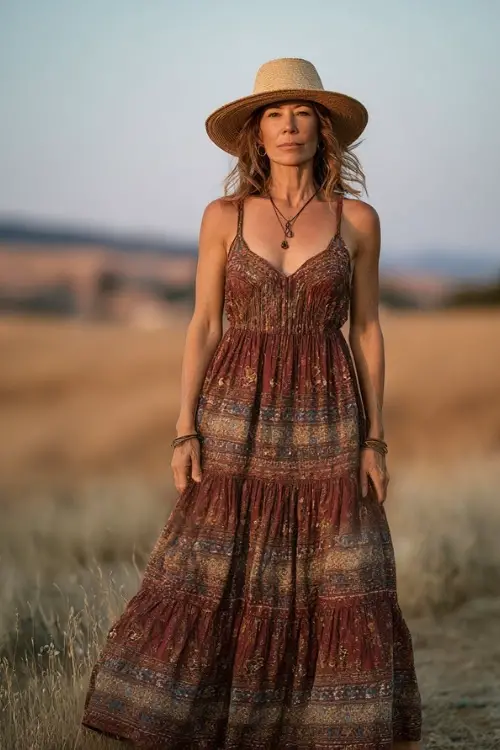 A woman over 50 wears a tiered boho maxi dress with earthy tones and flowy fabric