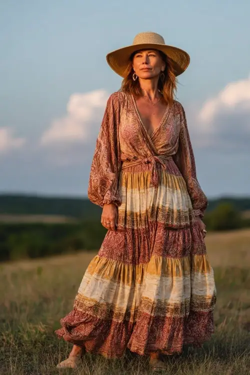A woman over 50 wears a tiered boho maxi dress with earthy tones and flowy fabric