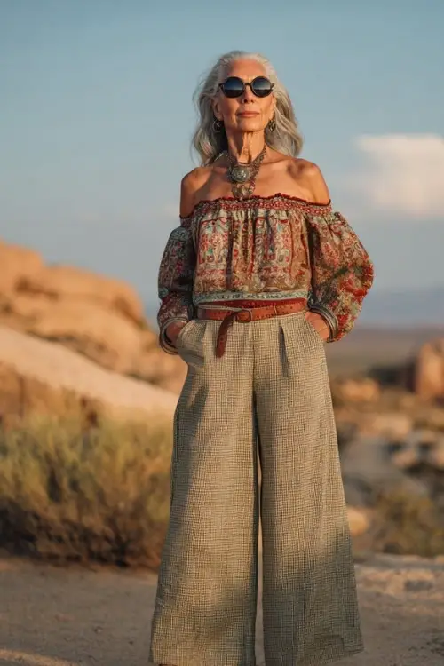 A woman over 50 wears an off-shoulder blouse with embroidery paired with wide-leg pants 