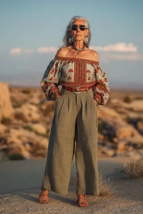 A woman over 50 wears an off-shoulder blouse with embroidery paired with wide-leg pants