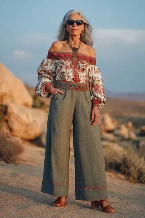 A woman over 50 wears an off-shoulder blouse with embroidery paired with wide-leg pants