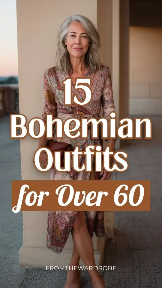 A woman over 60 wears a boho outfit with a chic wrap dress with boho-inspired prints and a flattering silhouette