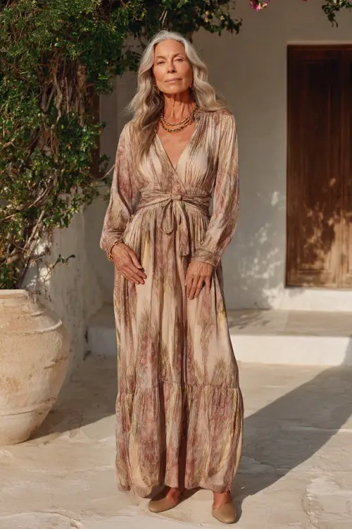 A woman over 60 wears a classy boho maxi dress with a defined waist and soft neutral tones