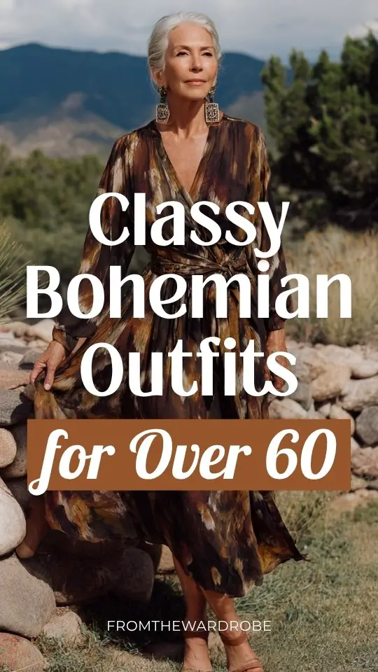 A woman over 60 wears a classy boho outfit with a flowy boho dress with a cinched waist and elegant movement