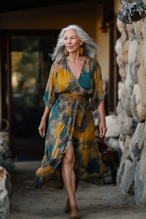 A woman over 60 wears a flowy boho dress with a cinched waist and elegant movement 