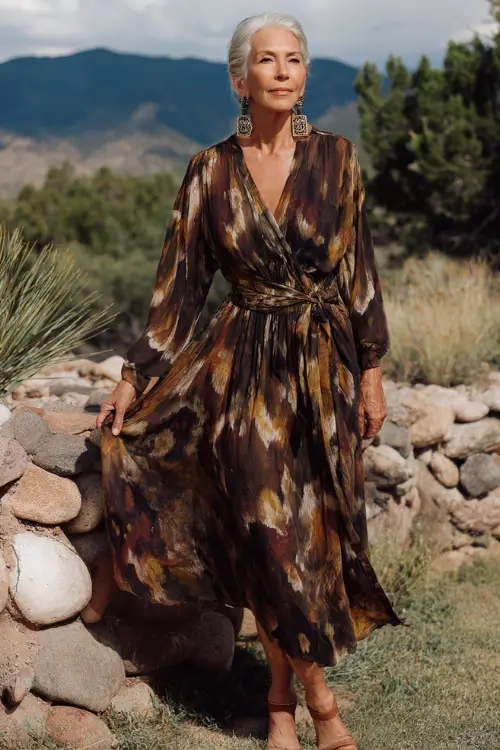A woman over 60 wears a flowy boho dress with a cinched waist and elegant movement