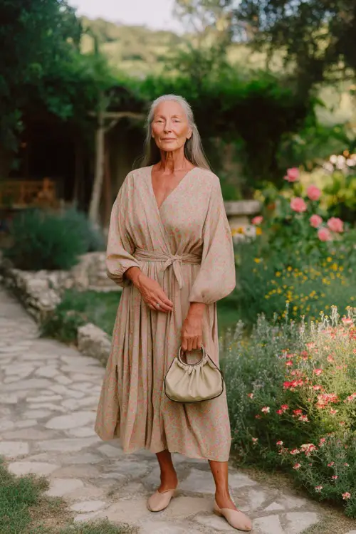 A woman over 60 wears a flowy wrap midi dress with subtle boho prints 