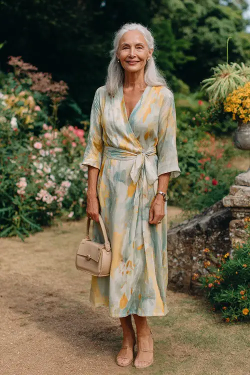 A woman over 60 wears a flowy wrap midi dress with subtle boho prints