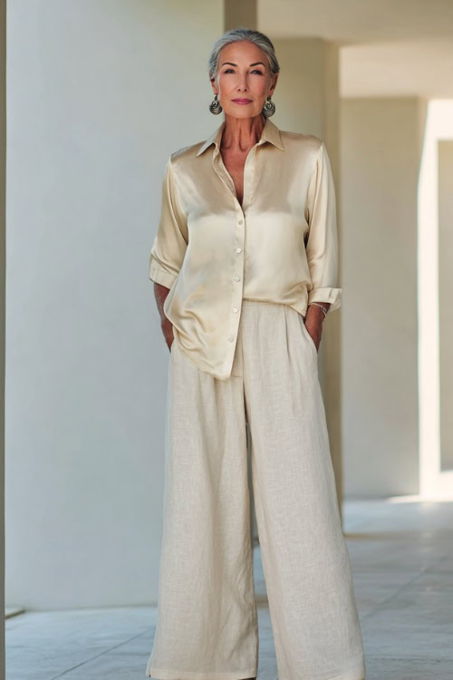 A woman over 60 wears a lightweight silk blouse tucked into wide-leg linen pants 