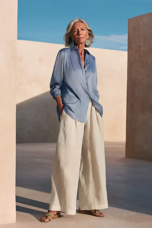 A woman over 60 wears a lightweight silk blouse tucked into wide-leg linen pants
