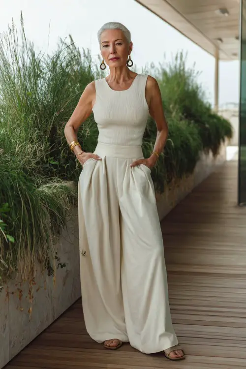 A woman over 60 wears a refined boho outfit with a fitted top and wide-leg pants in soft neutral shades